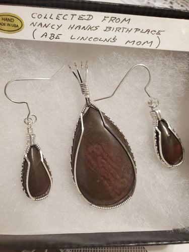Custom Wire Wrapped Rock Collected From Nancy Hanks Birthplace Set Earrings, Necklace/Pendant Sterling Silver