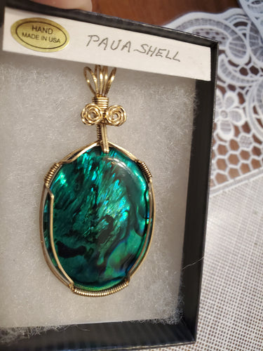 Custom Wire Wrapped Green Paua Shell Necklace/Pendant 14kgf