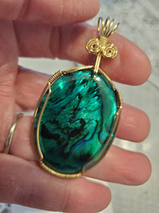 Custom Wire Wrapped Green Paua Shell Necklace/Pendant 14kgf
