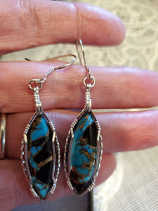 Custom Wire Wrapped Abalone Shell Turquoise & Copper Earrings Sterling Silver