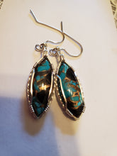 Load image into Gallery viewer, Custom Wire Wrapped Abalone Shell Turquoise &amp; Copper Earrings Sterling Silver
