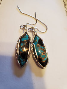 Custom Wire Wrapped Abalone Shell Turquoise & Copper Earrings Sterling Silver