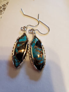 Custom Wire Wrapped Abalone Shell Turquoise & Copper Earrings Sterling Silver