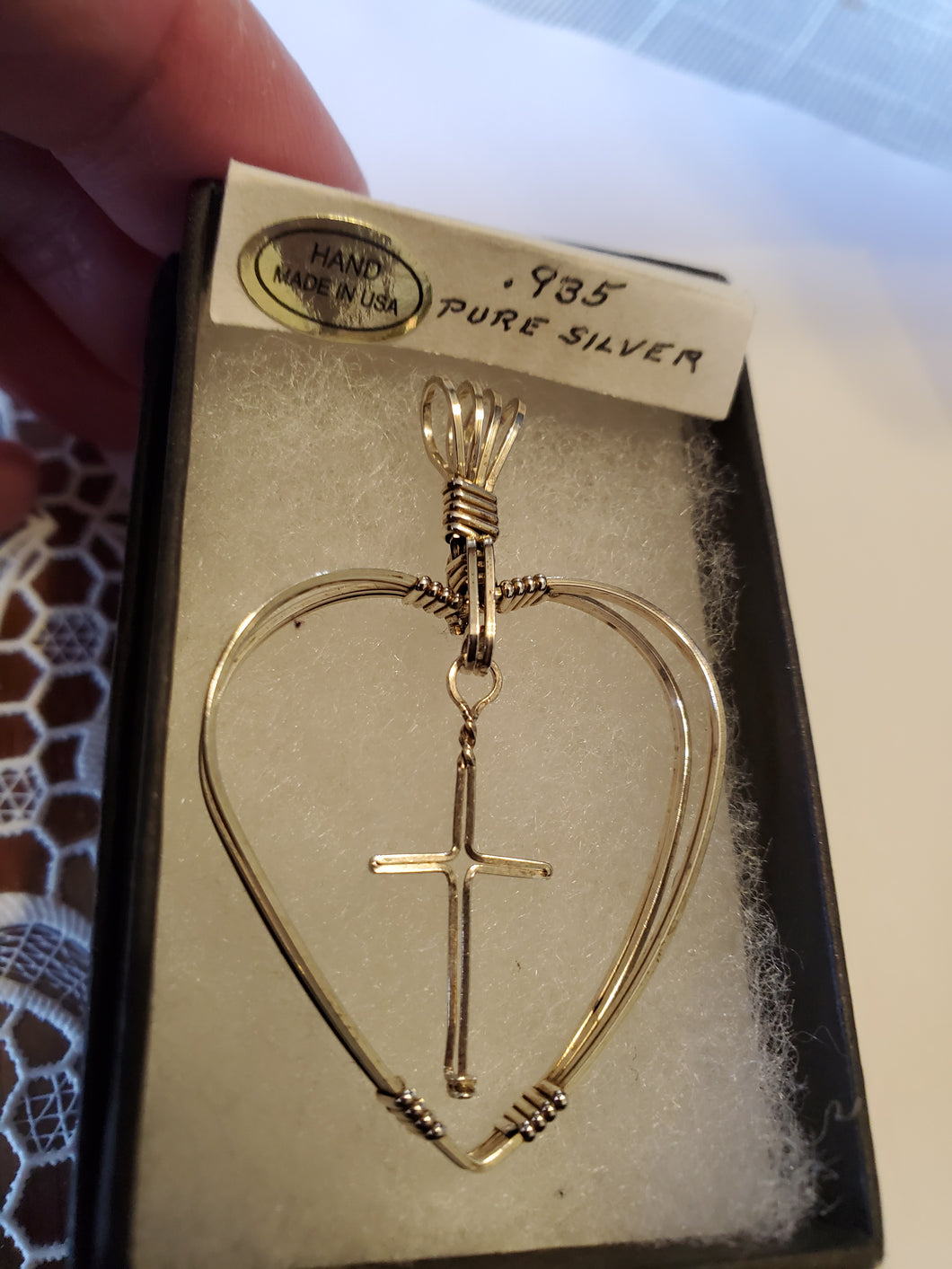 Custom Wire Wrapped Double Heart with Floating Cross Necklace/Pendant in Sterling Silver