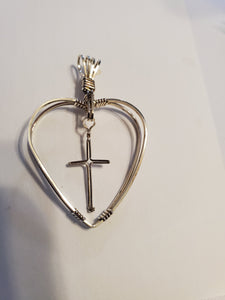 Custom Wire Wrapped Double Heart with Floating Cross Necklace/Pendant in Sterling Silver