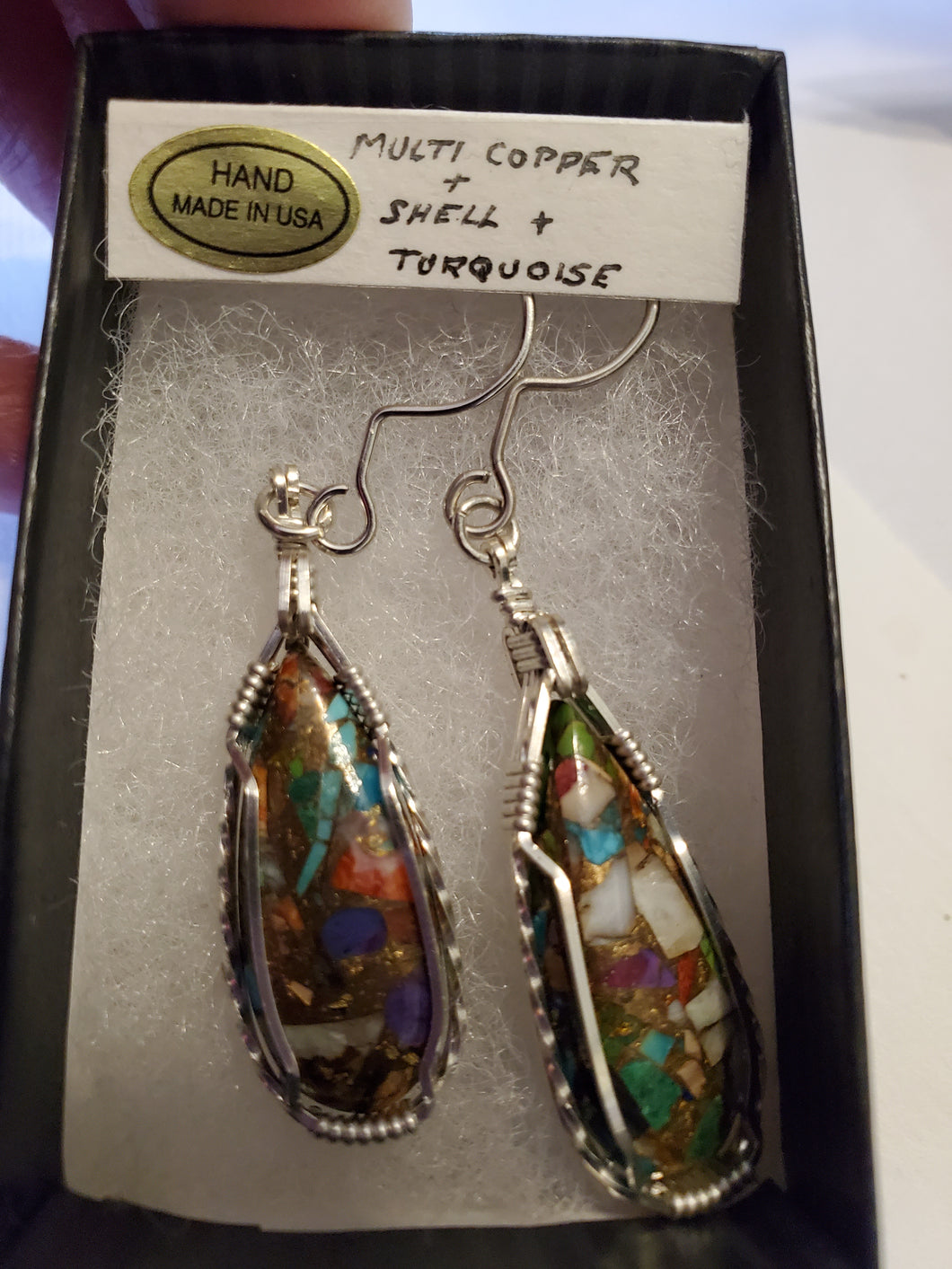 Custom Wire Wrapped Multi Copper Shell & Turquoise Earrings Sterling Silver