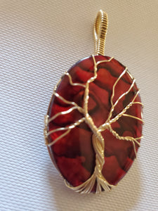 Custom Wire Wrapped Red Paua Shell Tree of Life Necklace/Pendant 14kgf