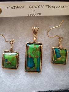 Custom Wire Wrapped Mojave Green Turquoise & Copper Set Earring, Necklace/Pendant