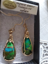 Load image into Gallery viewer, Custom wire wrapped Mojave Green Turquoise &amp; Copper Earrings 14kgf