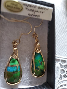 Custom wire wrapped Mojave Green Turquoise & Copper Earrings 14kgf