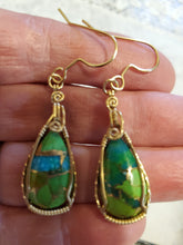 Load image into Gallery viewer, Custom wire wrapped Mojave Green Turquoise &amp; Copper Earrings 14kgf