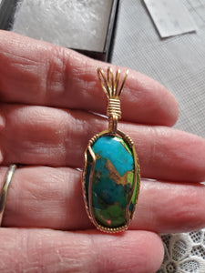 Custom wire wrapped Mojave Green Turquoise & Copper  Necklace/Pendant 14kgf