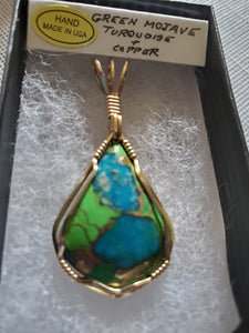 Custom wire wrapped Mojave Green Turquoise & Copper  Necklace/Pendant 14kgf