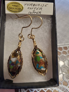 Custom Wire Wrapped Turquoise Oyster & Copper  Earrings 14Kgf