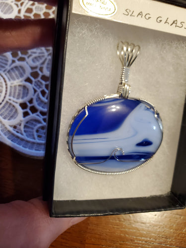 Custom Wire Wrapped Blue Slag Glass Necklace/Pendant Sterling Sterling