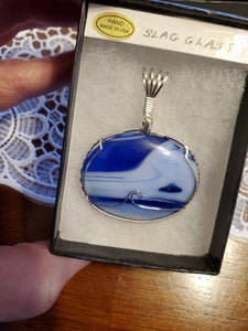 Custom Wire Wrapped Blue Slag Glass Necklace/Pendant Sterling Sterling