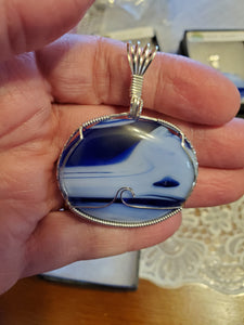 Custom Wire Wrapped Blue Slag Glass Necklace/Pendant Sterling Sterling