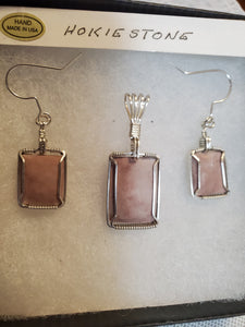Custom Wire Wrapped Pink Hokie Stone From Virginia Tech Quarries Set Earring Necklace/Pendant Sterling Silver