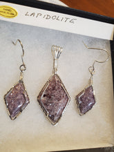 Load image into Gallery viewer, Custom Wire Wrapped Lapidolite Set Earrings Necklace Pendant Sterling Silver