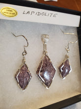 Load image into Gallery viewer, Custom Wire Wrapped Lapidolite Set Earrings Necklace Pendant Sterling Silver