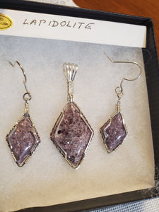 Custom Wire Wrapped Lapidolite Set Earrings Necklace Pendant Sterling Silver