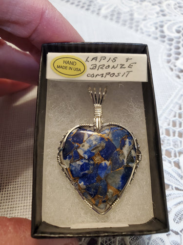 Custom Wire Wrapped Heart Lapis & Bronze Compsite Necklace/Pendant Sterling Silver