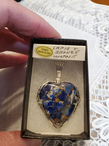 Custom Wire Wrapped Heart Lapis & Bronze Compsite Necklace/Pendant Sterling Silver