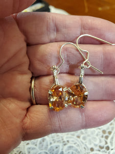 Custom Wire Wrapped Faceted Orange Sapphire Earrings Sterling Silver
