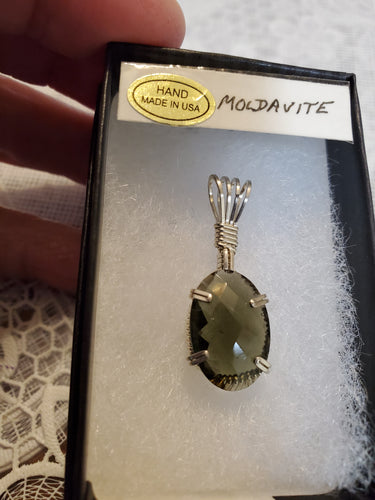 Custom Wire Wrapped Faceted Moldavite Necklace/Pendant Sterling Silver