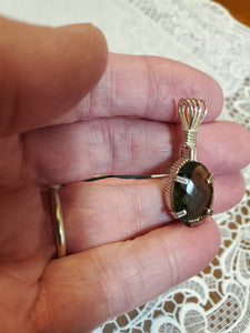 Custom Wire Wrapped Faceted Moldavite Necklace/Pendant Sterling Silver