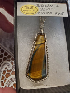 Custom Wire Wrapped Brown & Blue Tiger Eye Necklace/Pendant Sterling Silver