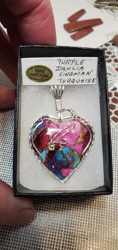 Custom Wire Wrapped Purple Dahlia Kingman Turquoise Heart Necklace/Pendant Sterling Silver