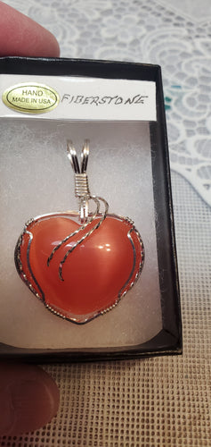 Custom Wire Wrapped Orange Fiberstone (Cat's Eye) Necklace/Pendant Sterling Silver