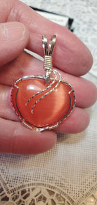 Custom Wire Wrapped Orange Fiberstone (Cat's Eye) Necklace/Pendant Sterling Silver