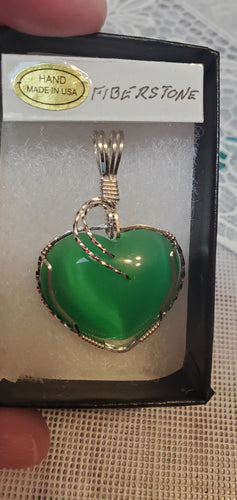 Custom Wire Wrapped Green Fiberstone (Cat's Eye) Heart Necklace/Pendant Sterling Silver