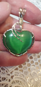 Custom Wire Wrapped Green Fiberstone (Cat's Eye) Heart Necklace/Pendant Sterling Silver