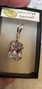 Custom Wire Wrapped Facet Simulated Diamond Necklace/Pendant Sterling Silver