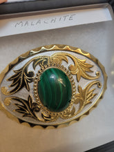 Load image into Gallery viewer, Custom Cut &amp; Polished Malachite Belt Buckle Silver/ Goldtone