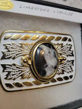Load image into Gallery viewer, Custom Cut &amp; Polished Limestone/Calcite Belt Buckle Goldtone/White