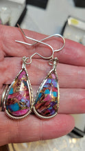 Load image into Gallery viewer, Custom Wire Wrapped Kingman Turquoise Purple Dahlia Earrings Sterling Silver