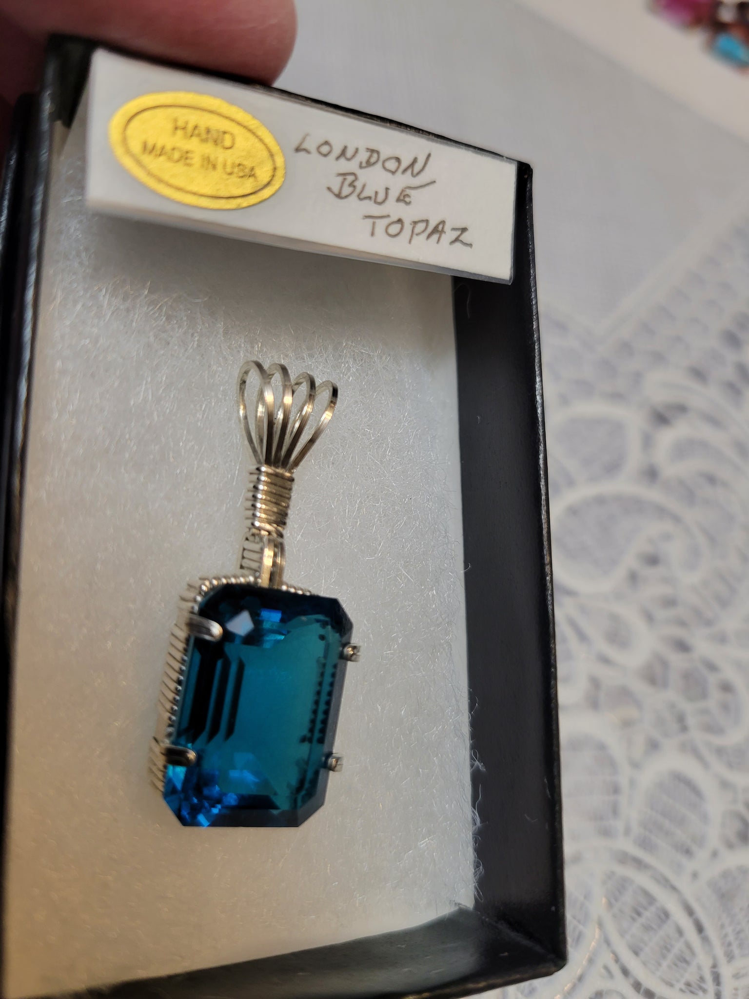 thumbnail image 2 of Handmade London Blue Topaz Pendant - Silver Plated Charm, 1.77 Inch, Lab Created Gemstone, India 2 of 2