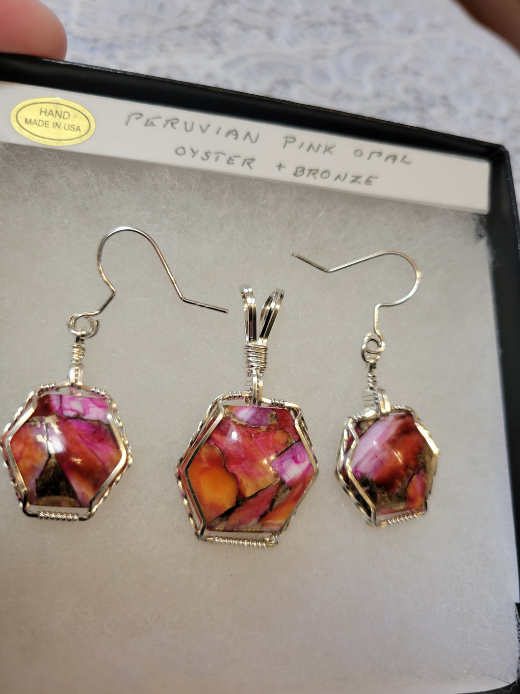 Custom Wire Wrapped Peruvian Pink Opal Spiny Oyster & Bronze Set: Earring, Necklace/Pendant Sterling Silver