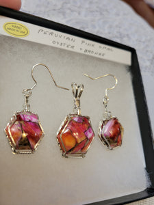 Custom Wire Wrapped Peruvian Pink Opal Spiny Oyster & Bronze Set: Earring, Necklace/Pendant Sterling Silver