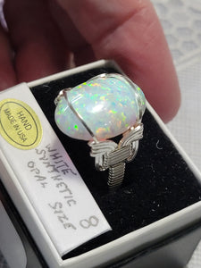 Custom Wire Wrapped White Synthetic Opal Ring Size 8 Sterling Silver