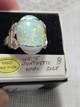 Load image into Gallery viewer, Custom Wire Wrapped White Synthetic Opal Ring Size 8 Sterling Silver