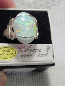 Custom Wire Wrapped White Synthetic Opal Ring Size 8 Sterling Silver