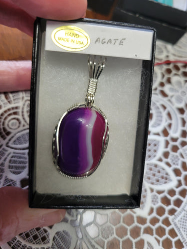 Custom Wire Wrapped Banded Agate Necklace/Pendant Sterling Silver