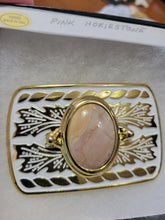 Load image into Gallery viewer, Custom Cut &amp; Polished Pink Hokie Stone from Virginia Tech Quarries Gold/White Tone Belt Buckle