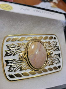 Custom Cut & Polished Pink Hokie Stone from Virginia Tech Quarries Gold/White Tone Belt Buckle