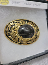 Load image into Gallery viewer, Custom Cut &amp; Polished Gray Hokie Stone Black/Gold Tone Belt Buckle
